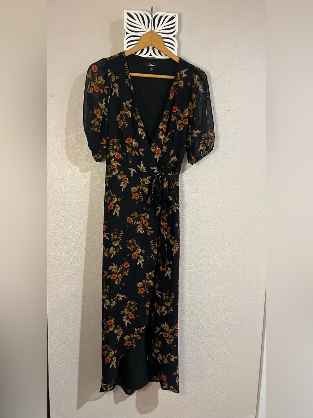 Lulu's Black Floral Wrap Midi Dress with Orange and Gold Blooms